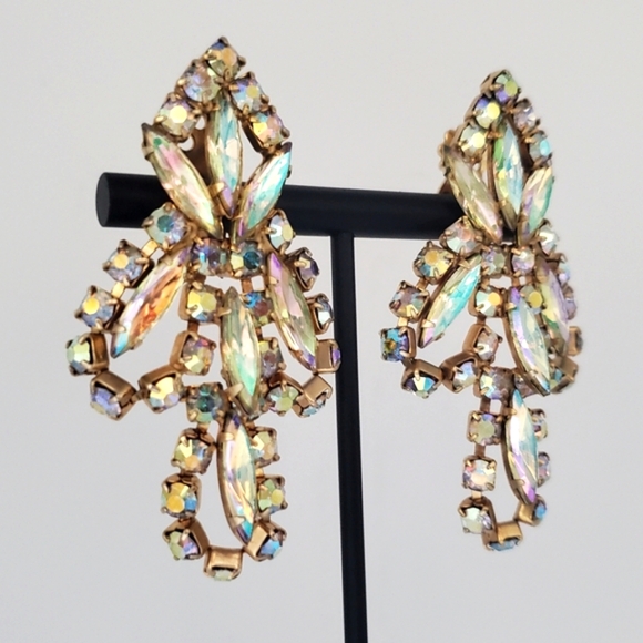 Vintage 80s Rhinestone Dangle Statement Earrings Clip-on - Picture 2 of 5